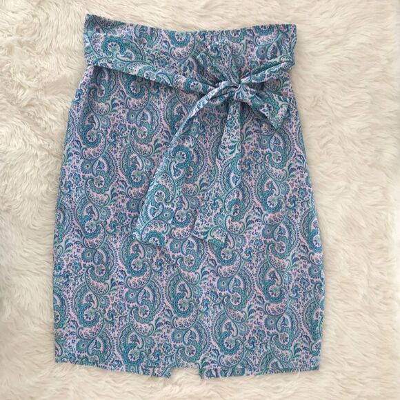 ANTONIO MELANI Blue Paisley Pencil Skirt Belted Tie‎ Waist Liberty London Size 2 - Picture 2 of 10